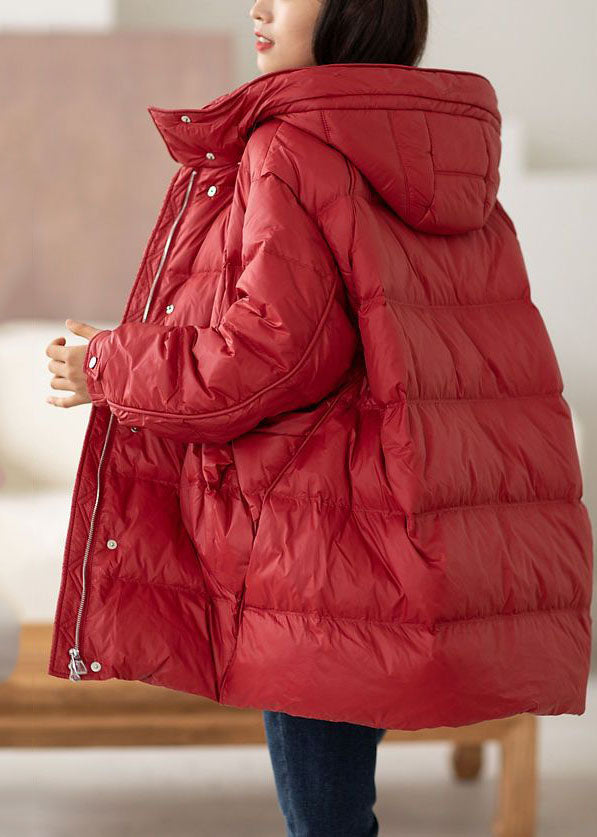 Classy Red Hooded Oversized Drawstring Cotton Blend Down Coat Winter
