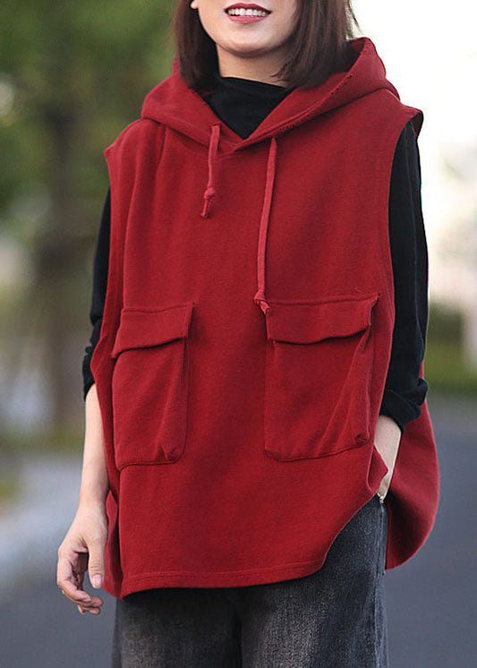 Classy Red Hooded Drawstring Pullover Sleeveless Waistcoat