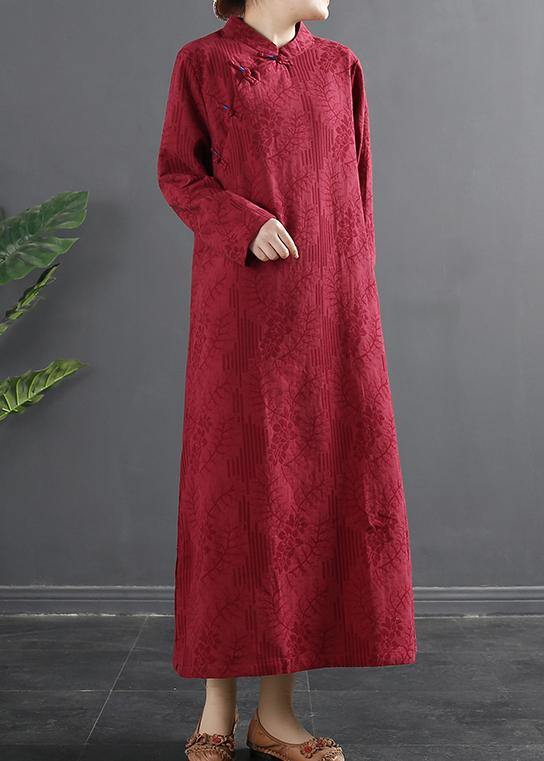 Classy Red Jacquar Dresses Stand Collar a Line Dress