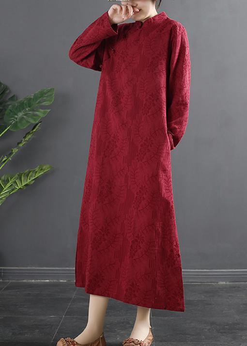 Classy Red Jacquar Dresses Stand Collar a Line Dress