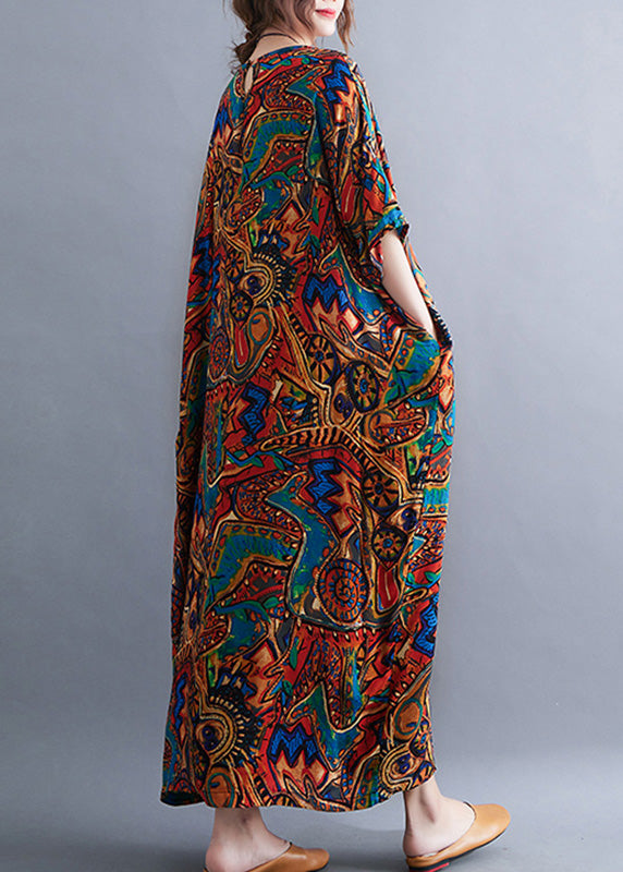 Classy Red O-neck Print Cozy Long Dresses Summer