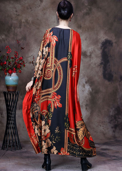 Classy Red O-neck Print Silk Loose Long Dresses Gown Batwing Sleeve