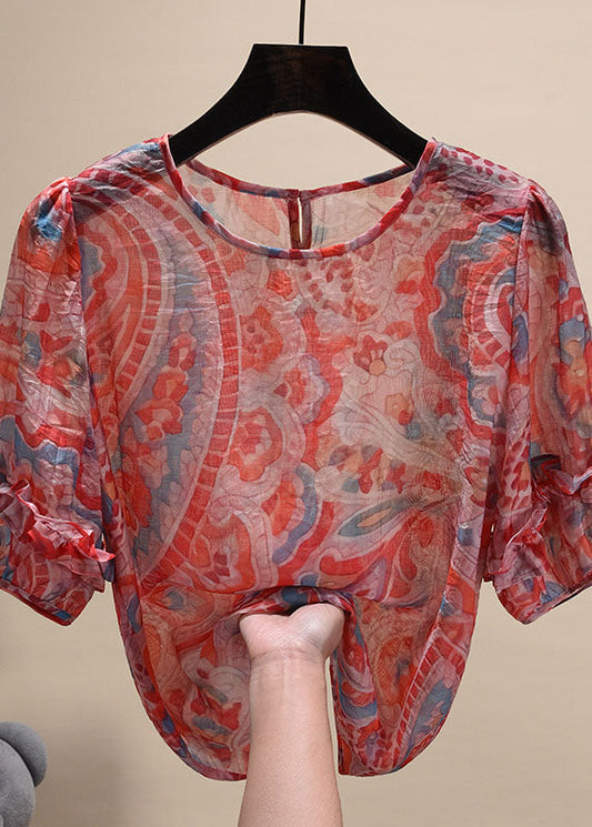 Classy Red O-neck Ruffled Print Chiffon Shirt Top Short Sleeve