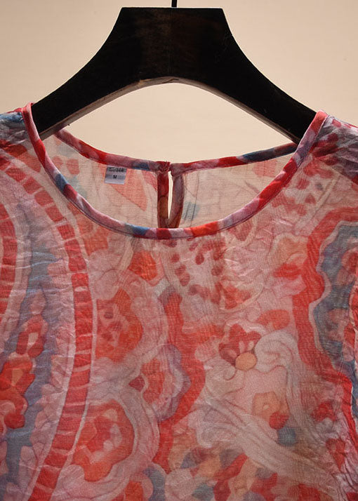 Classy Red O-neck Ruffled Print Chiffon Shirt Top Short Sleeve