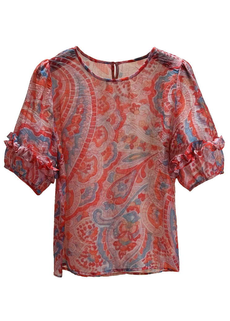 Classy Red O-neck Ruffled Print Chiffon Shirt Top Short Sleeve