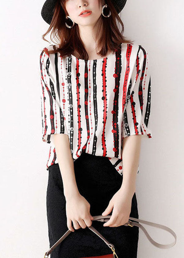 Classy Red O-neck Striped Chiffon Shirt Tops Half Sleeve