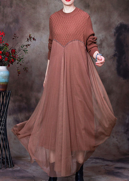 Classy Khaki O-neck Asymmetrical Design Fall Knit Dress