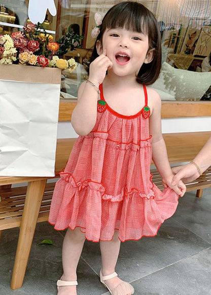 Classy Red Plaid Ruffled Patchwork Kids Chiffon Slip Mid Dress Sleeveless