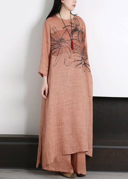 Classy Red Print Ramie Long Dress and Wide Leg Pants Two Pieces Set Long Sleeve