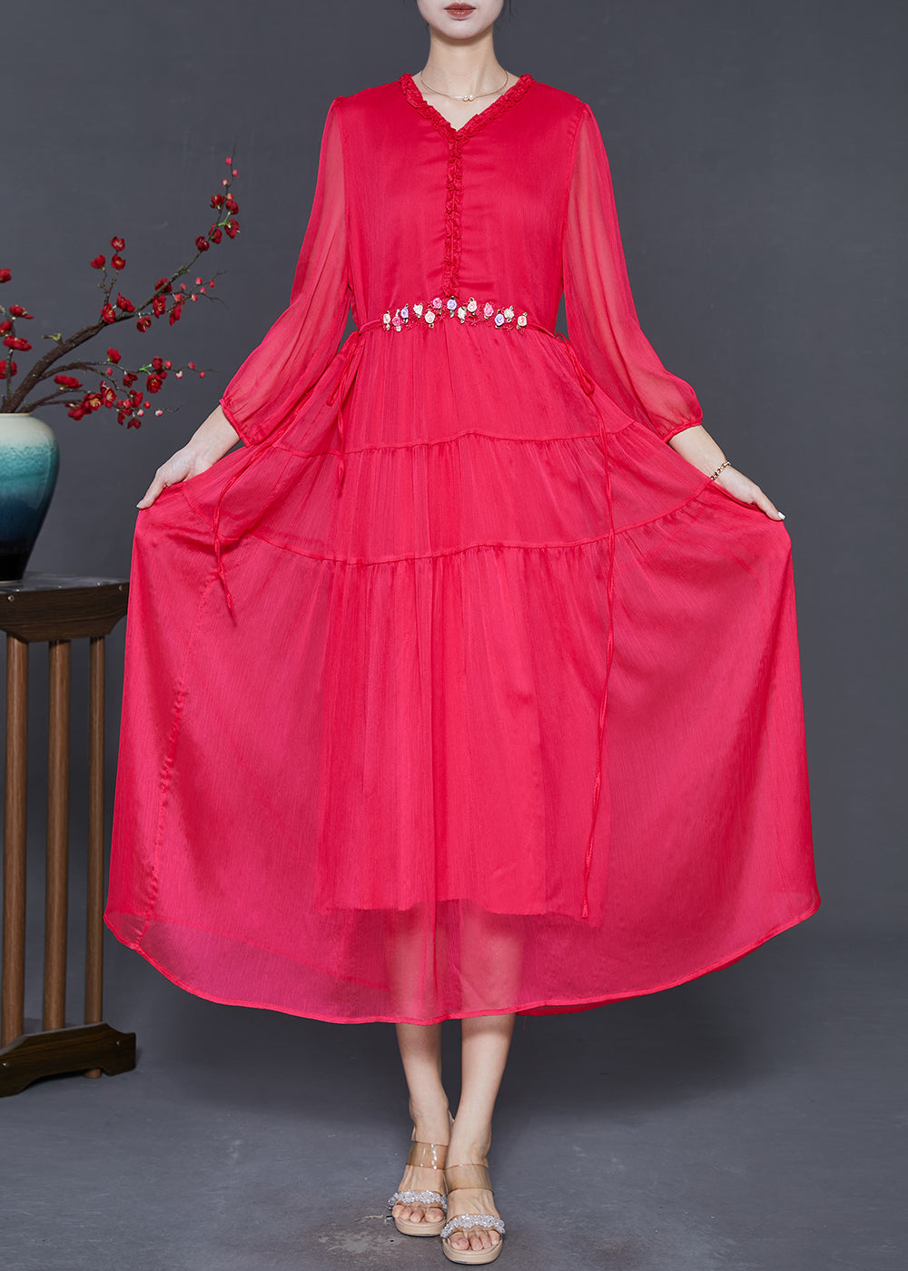 Classy Red Ruffled Silk Beach Dresses Spring