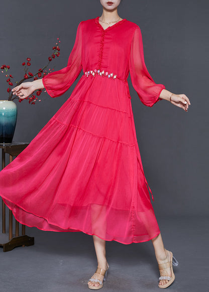 Classy Red Ruffled Silk Beach Dresses Spring