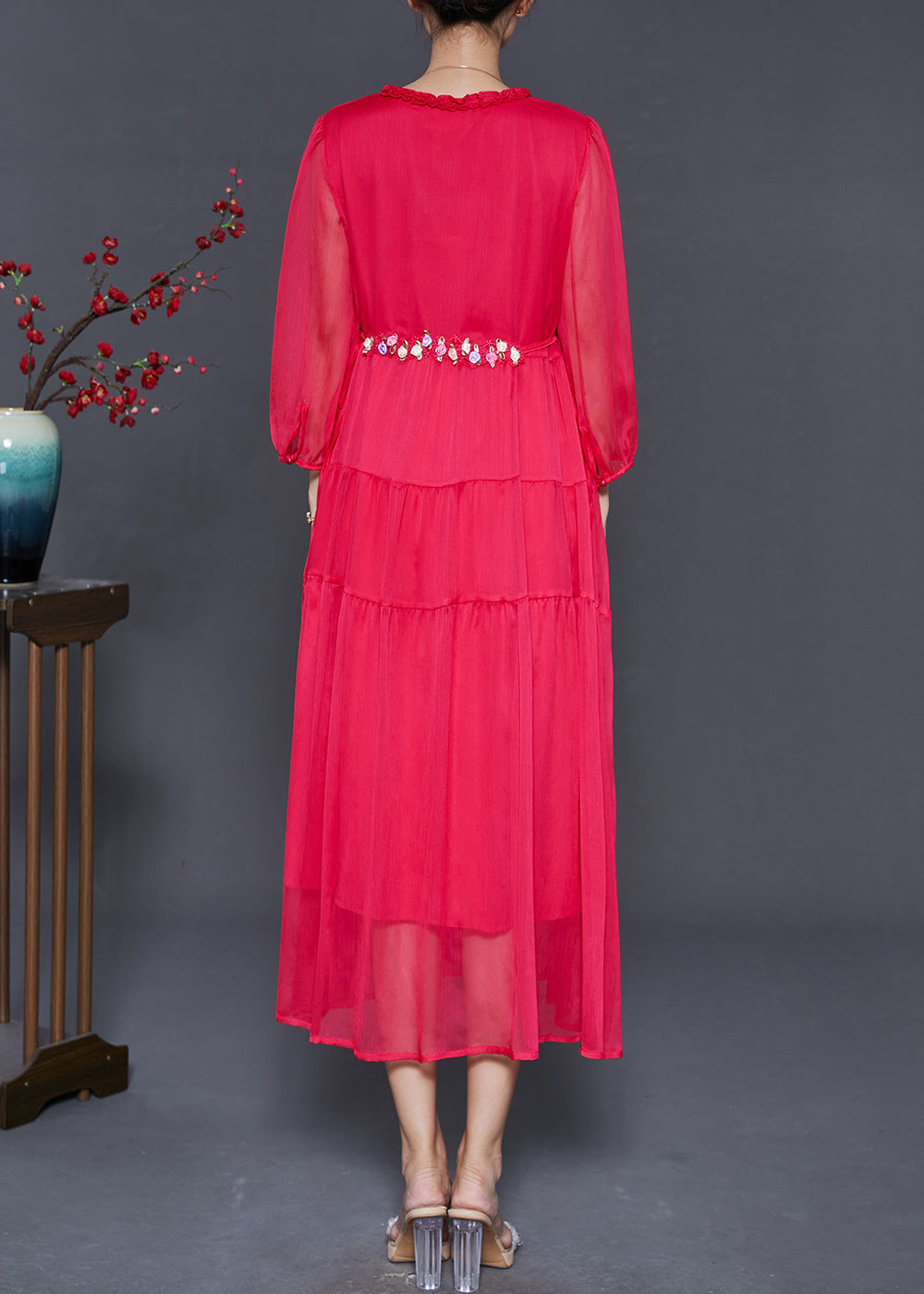 Classy Red Ruffled Silk Beach Dresses Spring