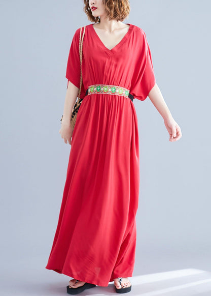 Classy Red V Neck Bow Summer Long Dresses Half Sleeve