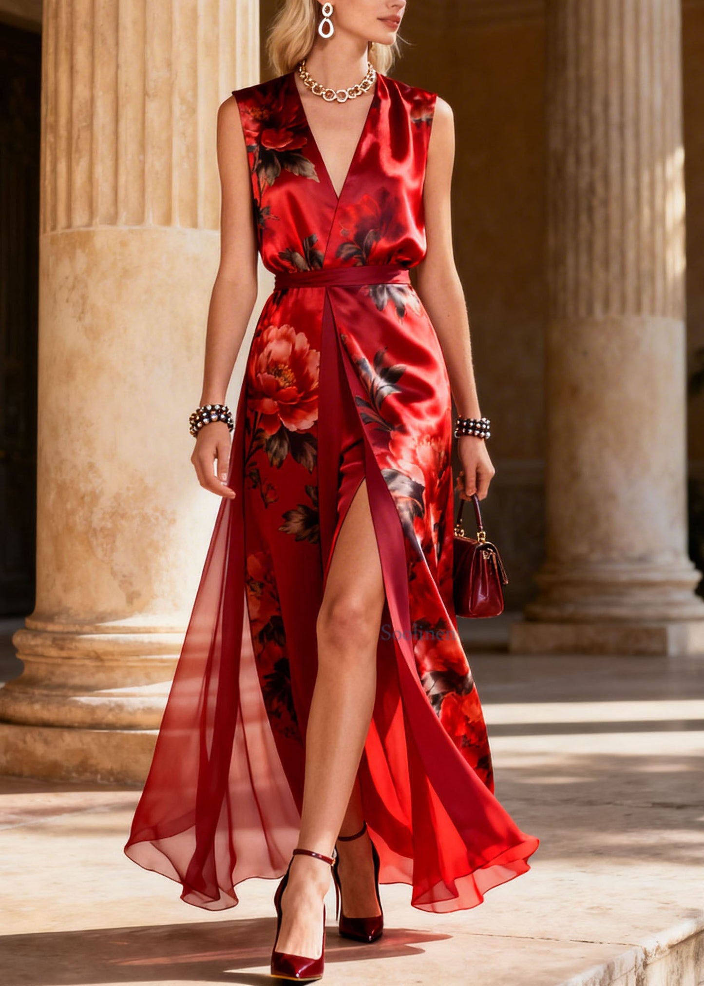 Classy Red V Neck Print Side Open Silk Dress Sleeveless