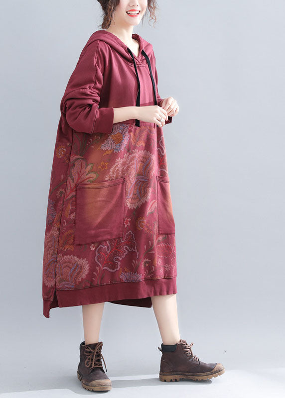 Classy Red Print Patchwork Sweatshirts Dresses Spring