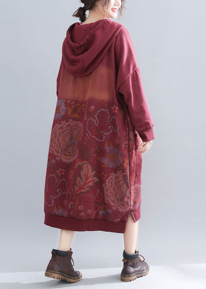 Classy Red Print Patchwork Sweatshirts Dresses Spring