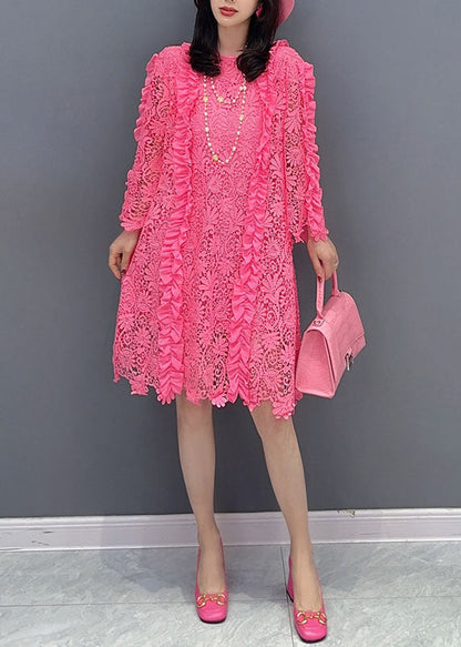 Classy Rose Ruffled Hollow Out Patchwork Lace Mid Dress Summer