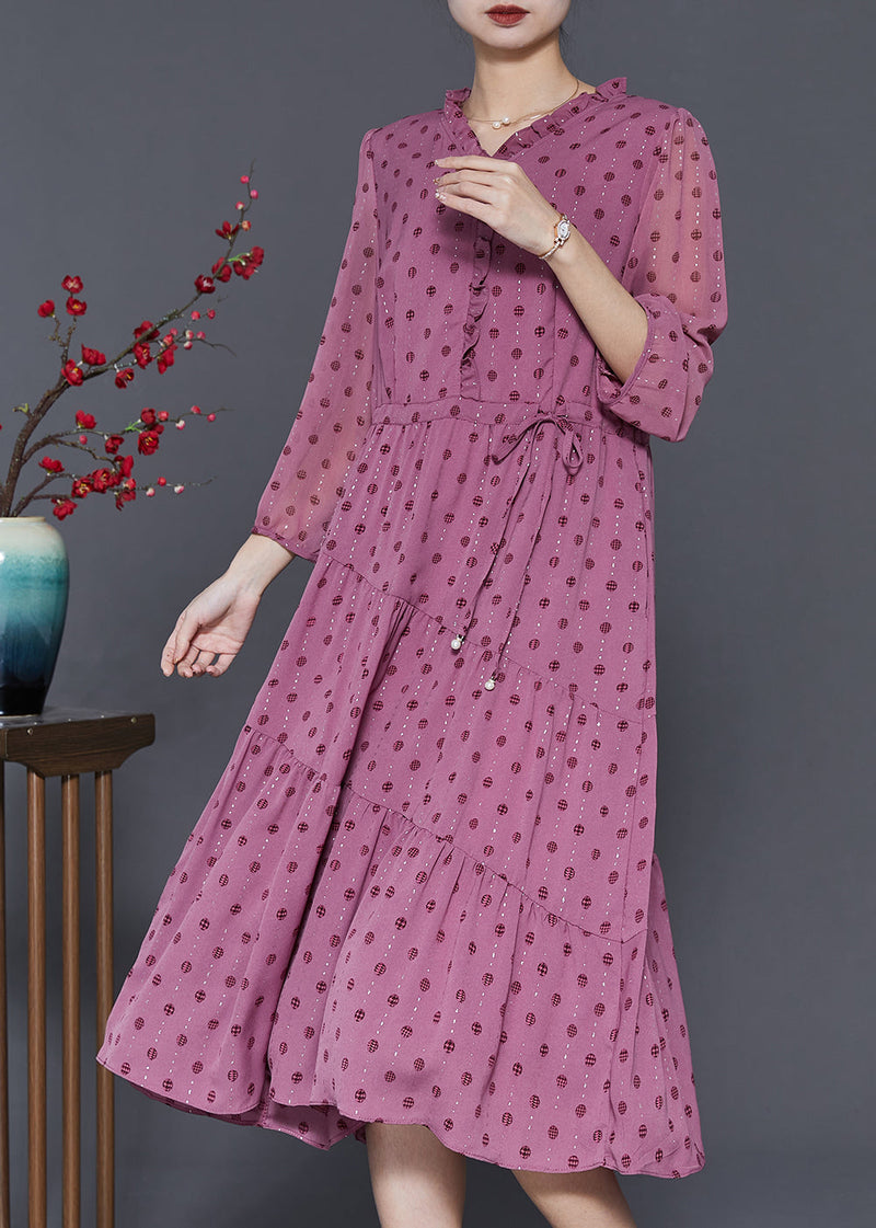 Classy Rose Ruffled Print Chiffon Cinched Dresses Spring