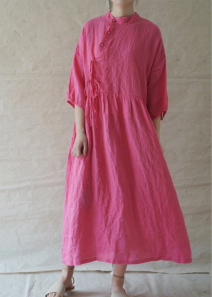 Classy Rose Stand Collar Button Cinched Linen Holiday Dress Half Sleeve