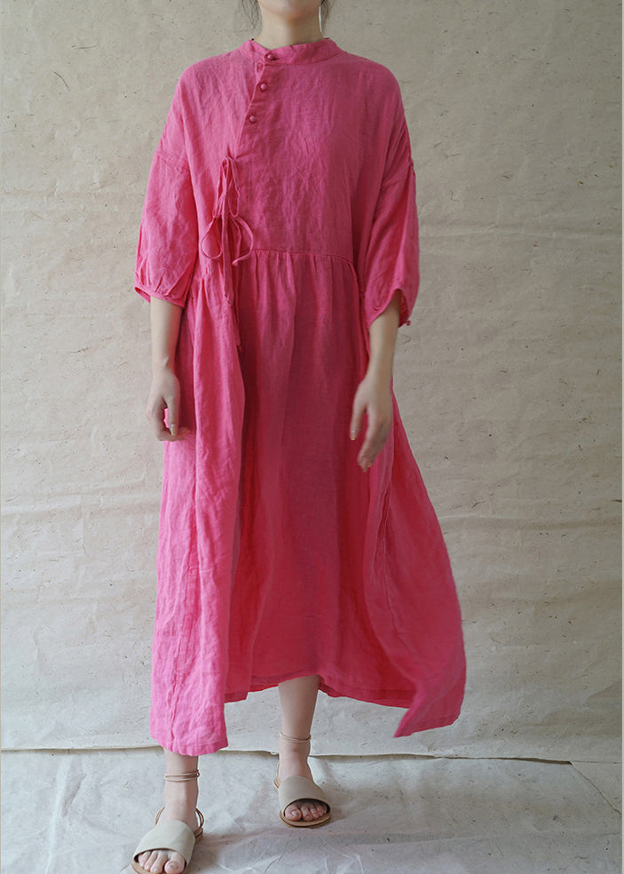 Classy Rose Stand Collar Button Cinched Linen Holiday Dress Half Sleeve