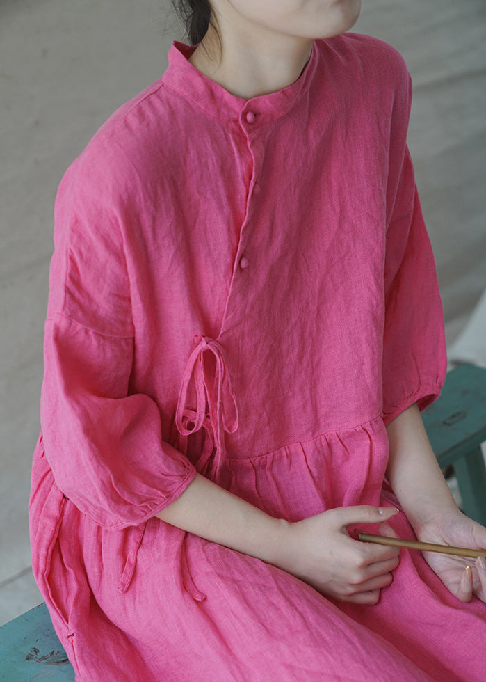 Classy Rose Stand Collar Button Cinched Linen Holiday Dress Half Sleeve
