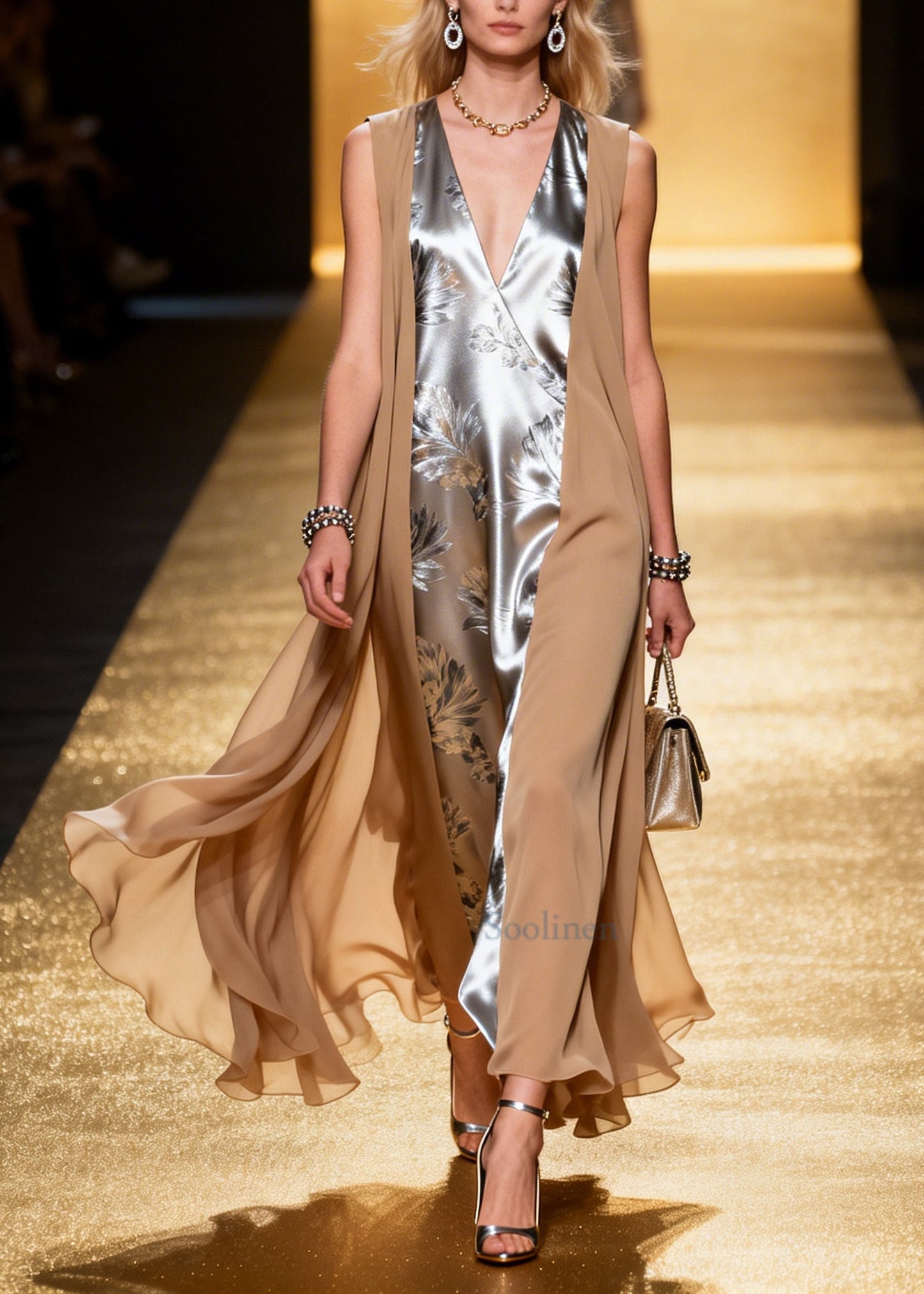 Classy Silvery Jacquard Patchwork Chiffon Fake Two Piece Dresses Summer