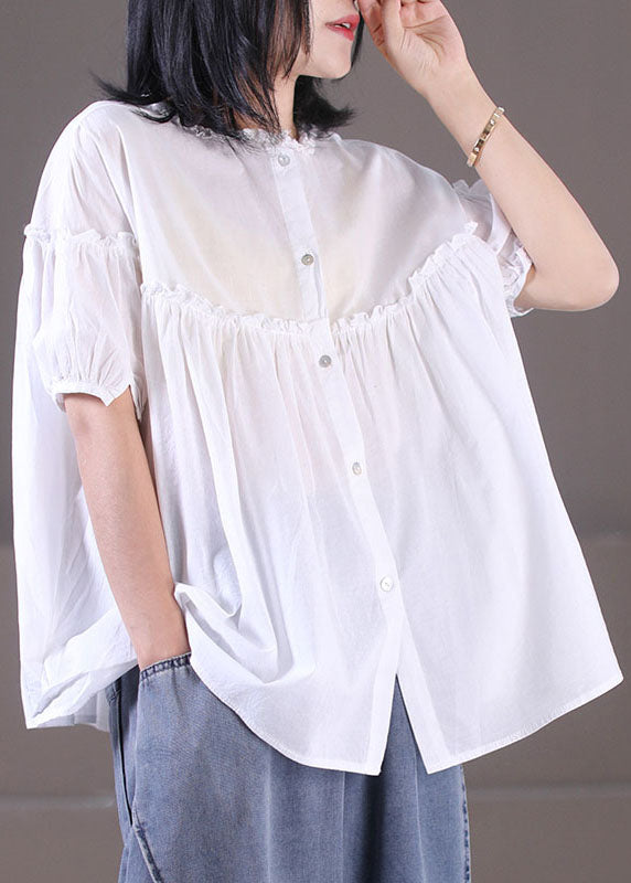 Classy Purple Ruffled Wrinkled Patchwork Button Cotton Shirt Top Short Sleeve