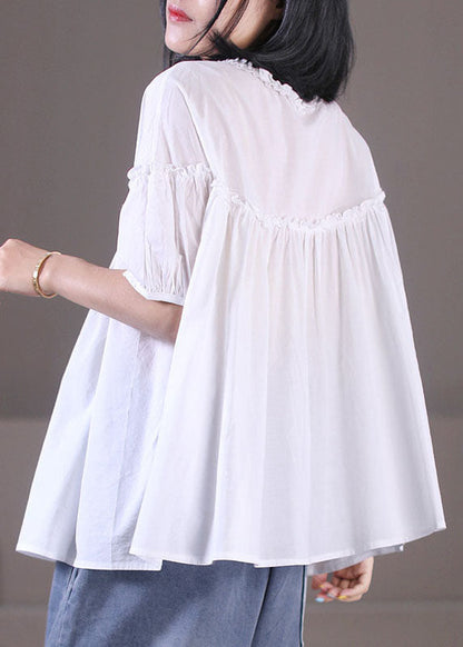 Classy Purple Ruffled Wrinkled Patchwork Button Cotton Shirt Top Short Sleeve