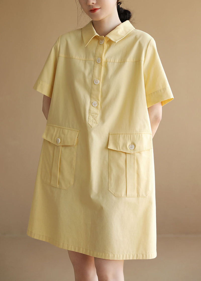 Classy Yellow Peter Pan Collar Pockets Button Cotton Maxi Dress Short Sleeve