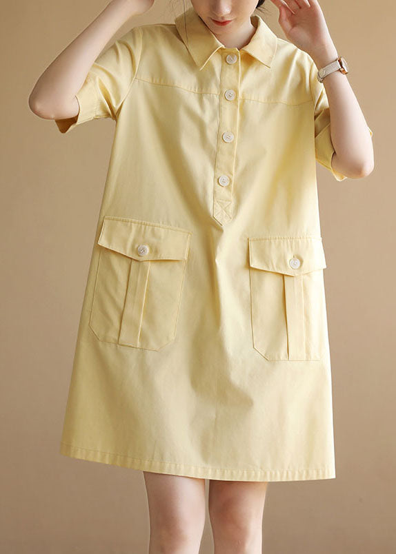 Classy Yellow Peter Pan Collar Pockets Button Cotton Maxi Dress Short Sleeve