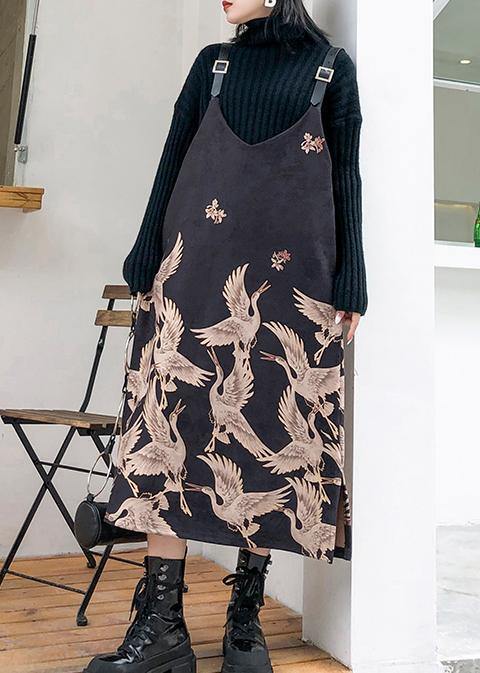 Classy Spaghetti Strap Cotton Clothes Design Black Print Maxi Dress