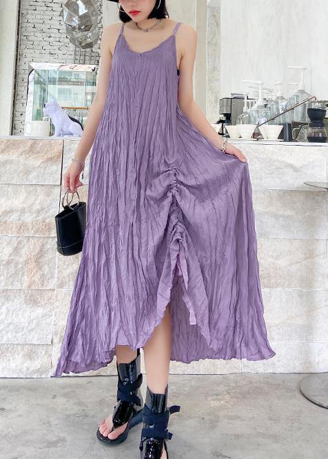 Classy Spaghetti Strap Drawstring Cotton Summer Dresses Runway Purple a Line Dresses