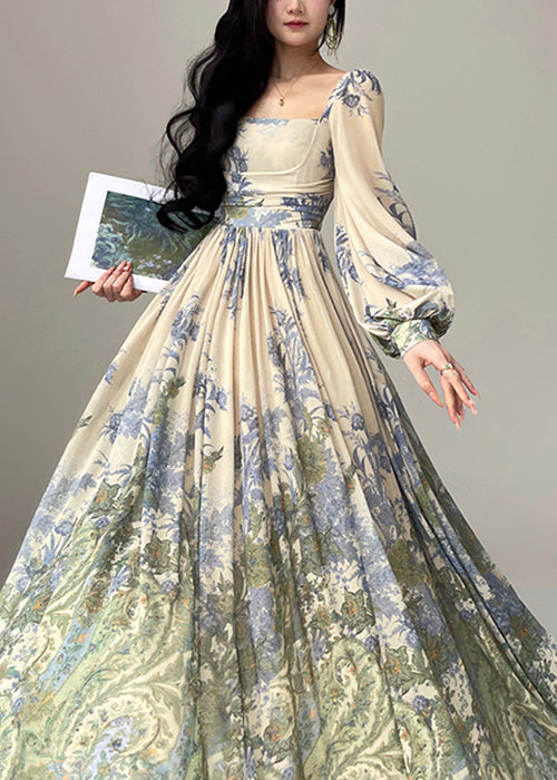 Classy Square Collar Print High Waist Tencel Chiffon Maxi Dress Spring