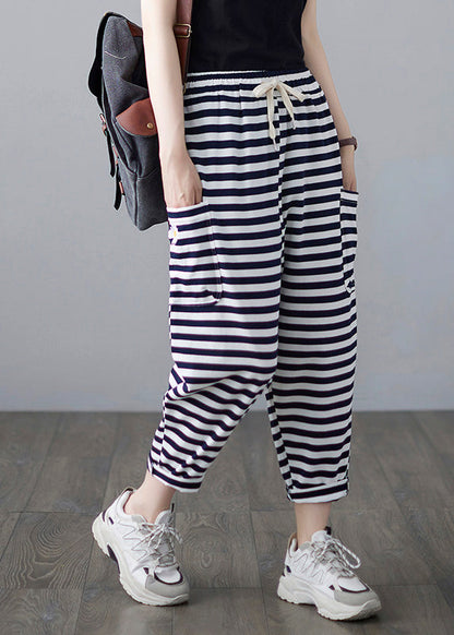 Classy Striped Embroideried Drawstring Elastic Waist Draping Crop Pants Summer