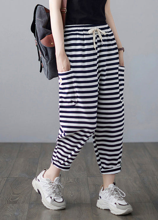 Classy Striped Embroideried Drawstring Elastic Waist Draping Crop Pants Summer