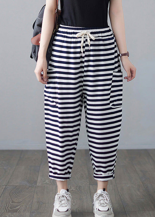 Classy Striped Embroideried Drawstring Elastic Waist Draping Crop Pants Summer