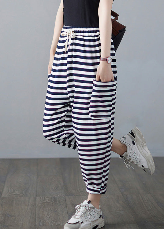 Classy Striped Embroideried Drawstring Elastic Waist Draping Crop Pants Summer