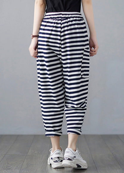 Classy Striped Embroideried Drawstring Elastic Waist Draping Crop Pants Summer