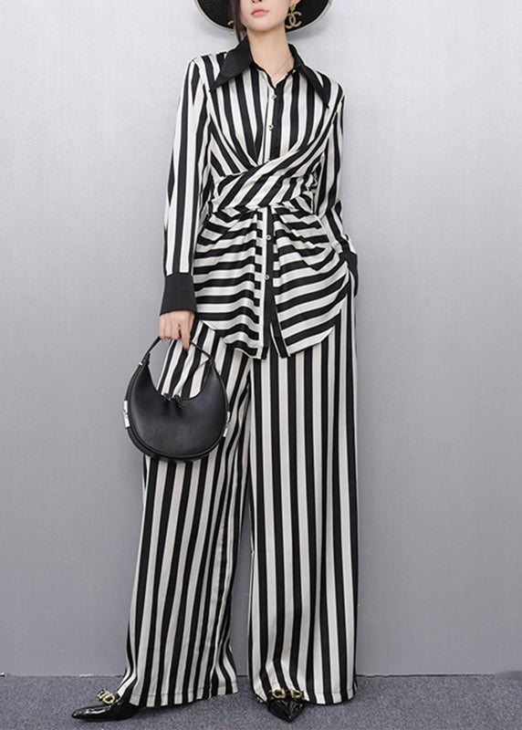 Classy Striped Peter Pan Collar Shirts and Wide Leg Pants Two Pieces Set Puff Sleeve