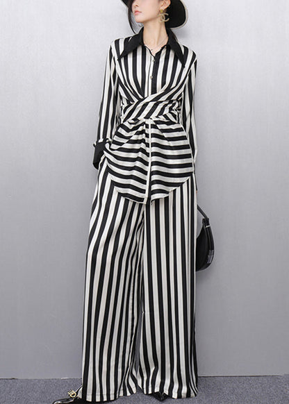 Classy Striped Peter Pan Collar Shirts and Wide Leg Pants Two Pieces Set Puff Sleeve