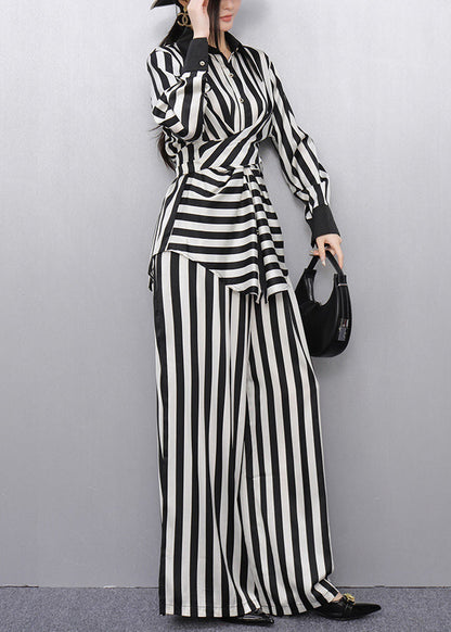 Classy Striped Peter Pan Collar Shirts and Wide Leg Pants Two Pieces Set Puff Sleeve