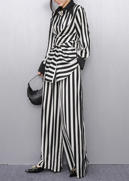Classy Striped Peter Pan Collar Shirts and Wide Leg Pants Two Pieces Set Puff Sleeve