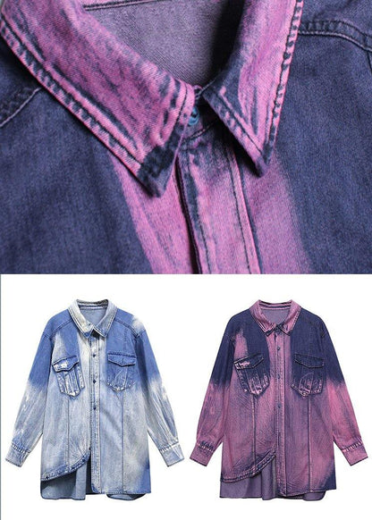 Classy Tie Dye Purple Asymmetrical Design Cotton Long Sleeve Spring Shirt