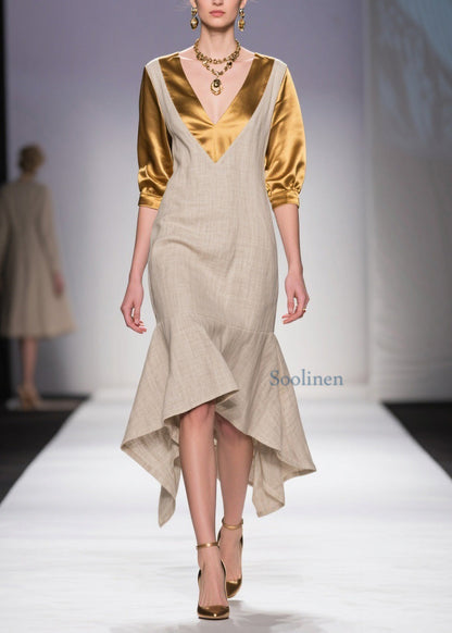 Classy V Neck Asymmetrical Patchwork Linen Silk Dress Summer