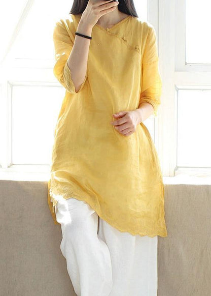 Classy V Neck Half Sleeve Blouses for Design Yellow Embroidery Top