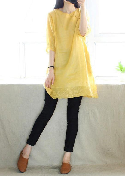 Classy V Neck Half Sleeve Blouses for Design Yellow Embroidery Top