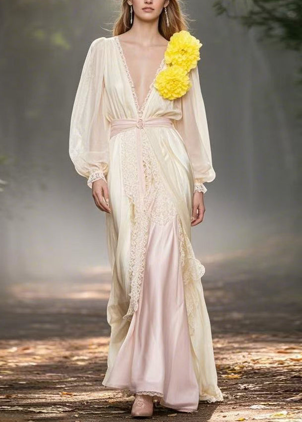Classy V Neck Lace Patchwork Chiffon Dresses Spring