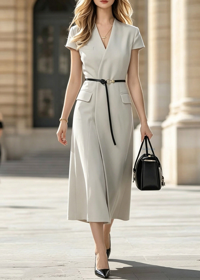 Classy V Neck Patchwork Sashes Maxi Dress Short Sleeve