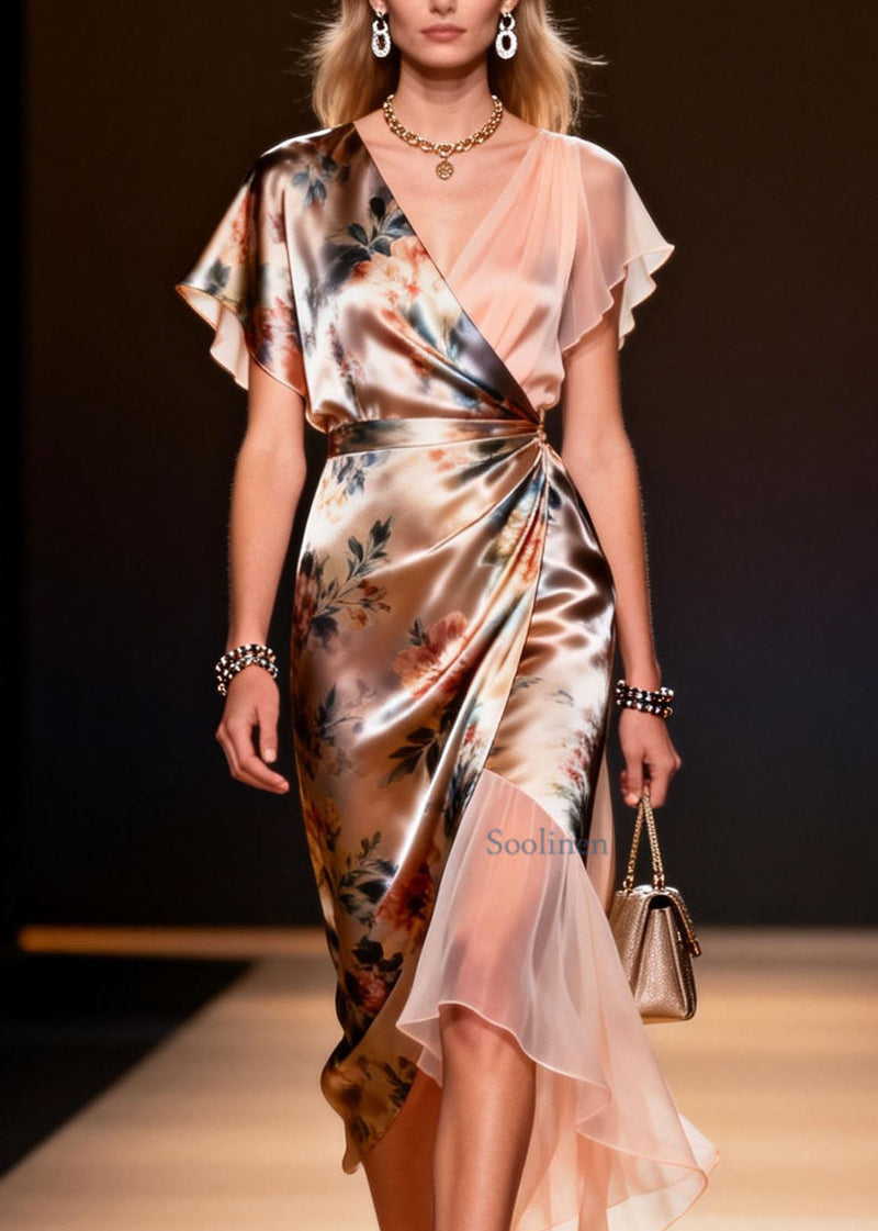 Classy V Neck Print Asymmetrical Patchwork Silk Dress Summer
