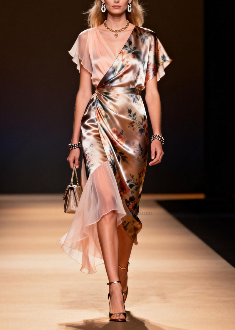 Classy V Neck Print Asymmetrical Patchwork Silk Dress Summer